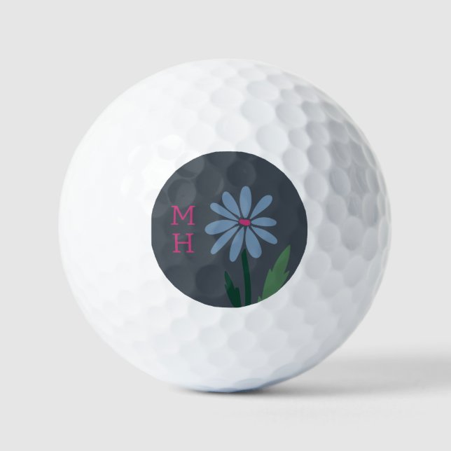 Balles De Golf Retro Modern Floral Monogrammed Blue Daisy (Recto)