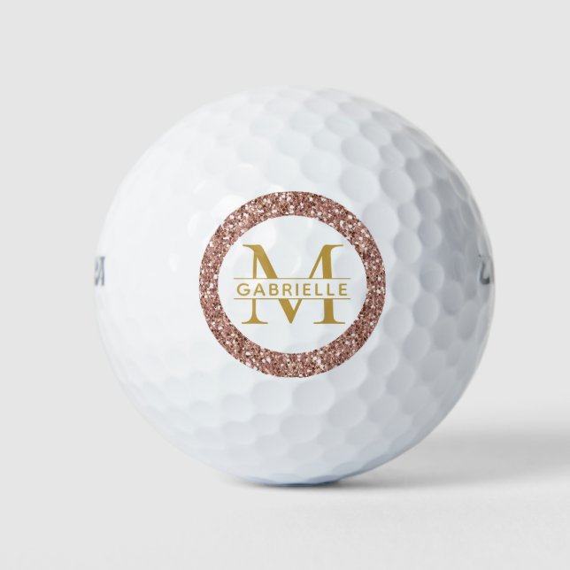 Balles De Golf Rose en Glitter Or Rose et Monogramme et Nom (Devant)