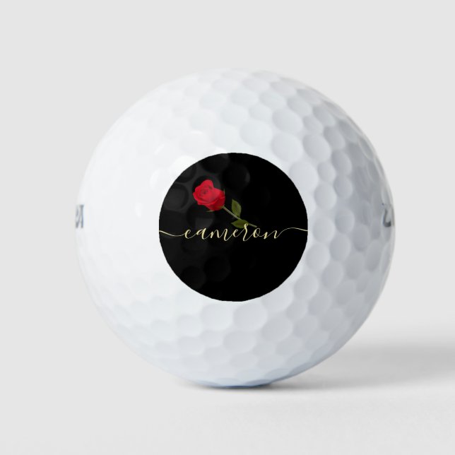 Balles De Golf Rose Rouge Sur Noir Et Or Monographié (Devant)