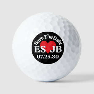 Balles De Golf SAUVER LA DATE Cœurs rouges MONOGRAMMES Fond noir