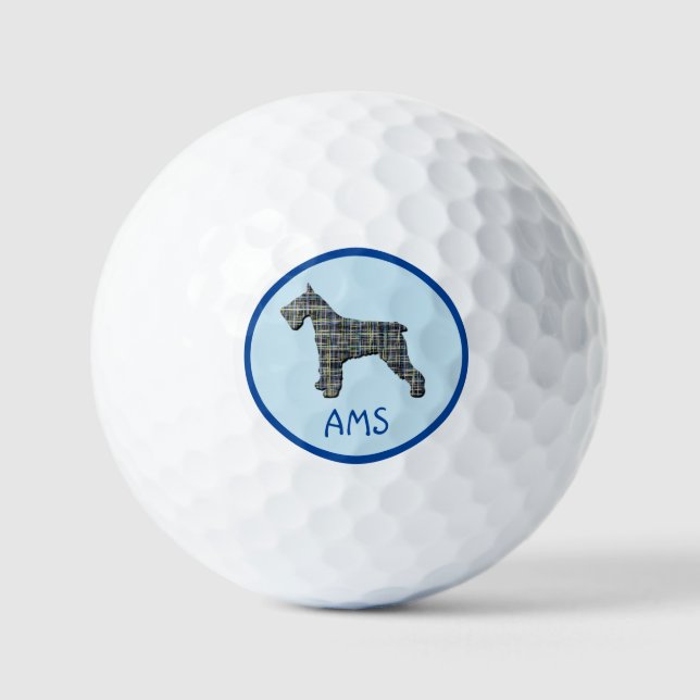 Balles De Golf Schnauzer Chien Silhouette Monogramme Grille Bleu (Recto)