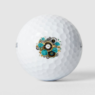 Balles De Golf Steampunk Clock and Turquoise Roses on Striped