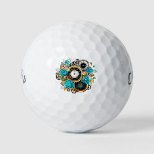 Balles De Golf Steampunk Clock and Turquoise Roses on Striped