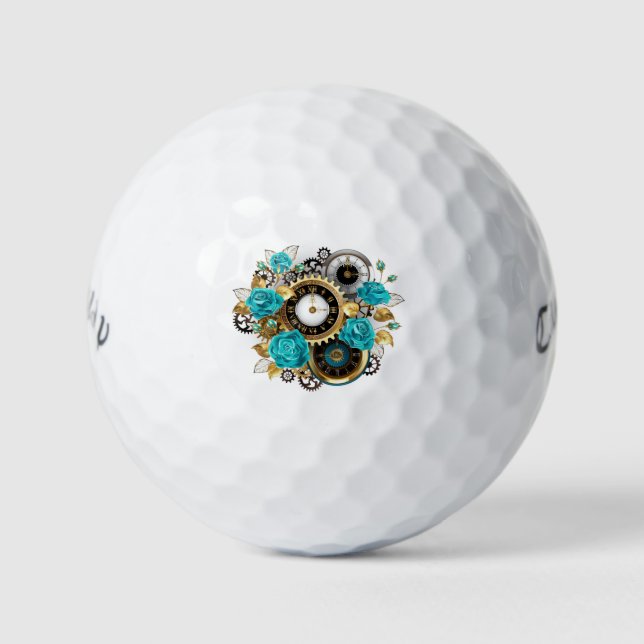 Balles De Golf Steampunk Clock and Turquoise Roses on Striped (Devant)