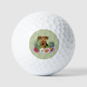 Balles De Golf Térrier Airedale avec des fleurs colorées vertes