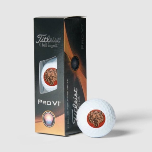 Balles De Golf Tête de loup sur fond rouge  (Wolf Head on Red Golf Balls Titleist 2023 Pro V1 high gradient core high flex casing layer. 

)