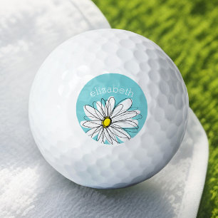 Balles De Golf Texte personnalisé Aqua et Jaune Whimsical Daisy