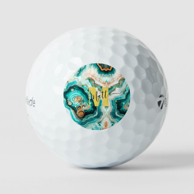 Balles De Golf Turquoise Aqua Agate Golden Custom Monogramme mode (Recto)
