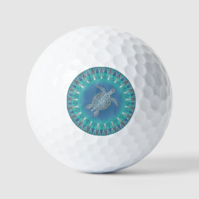 Balles De Golf Turtle en argent turquoise Mandala Coastal (Recto)