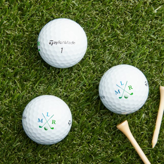 Balles De Golf Typographie Blue Green Initiales Monogramme (Herbe in situ)