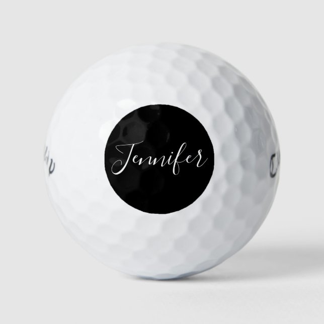 Balles De Golf Votre nom | Élégant script blanc sur noir (Devant)
