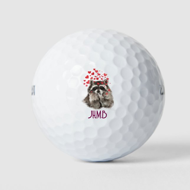 Balles De Golf Watercolor Raccoon Blowing Kisses Animal Monogram  (Devant)