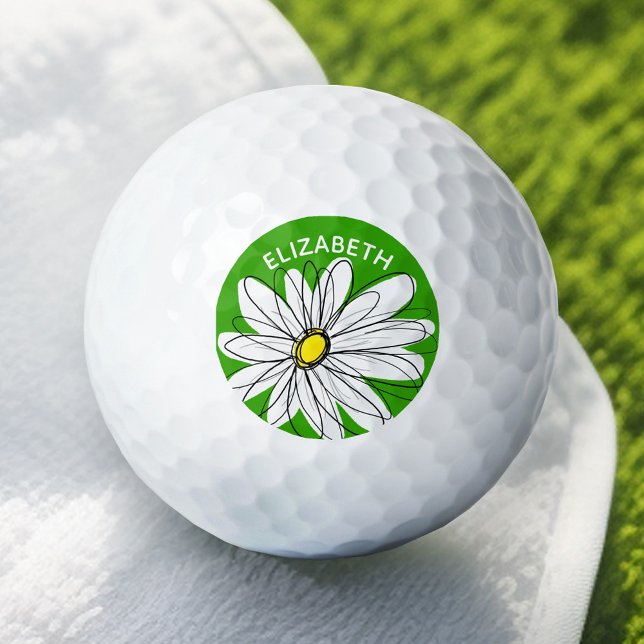 Balles De Golf Whimsical Daisy with Name - Green and Yellow (Add Your Name to this Personalized Golf Ball)