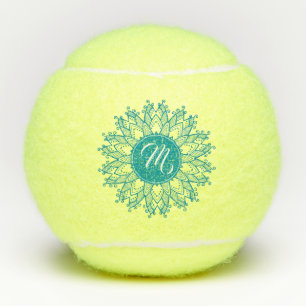 Balles De Tennis Monogramme de Mandala Floral bleu turquoise