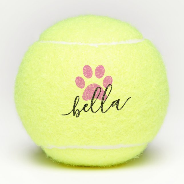 Balles De Tennis Nom de chien personnalisé rose Empreinte de patte (Devant)