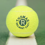 Balles De Tennis Nom et équipe personnalisés du monogramme de sport<br><div class="desc">Boules personnalisées avec votre nom et nom de famille initiale et l'équipe, le club ou l'endroit où vous jouez. On lit actuellement Thomas R Belmont East. Personnalisez ces boules de style sport monogramme en cercle bleu foncé avec votre propre nom et nom initial et équipe ou club. Conçu par www.mylittleeden.com...</div>