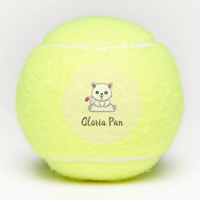 Balles De Tennis Nom personnalisé mignon chat blanc sur jaune (Devant)
