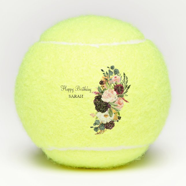 Balles De Tennis Personnalisé Joyeux Anniversaire Nom Floral (Devant)