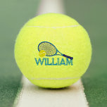 Balles De Tennis Racquet de tennis et bleu boule cygne graphique pe<br><div class="desc">Raquette de tennis et balle avec votre propre nom sous la balle imprimée graphique. Art graphique et design original par Sarah Trett pour www.mylittleeden.com sur Zazzle.</div>