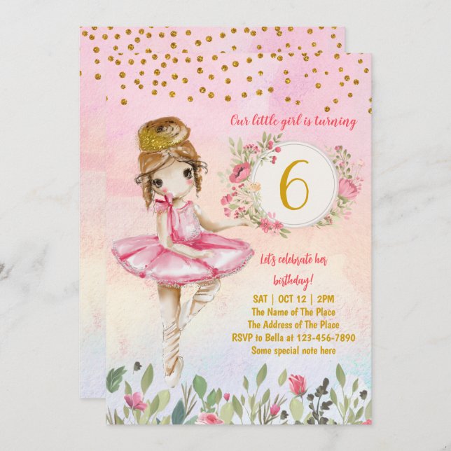 Ballet Girl rose Anniversaire Fête Invitation (Devant / Derrière)