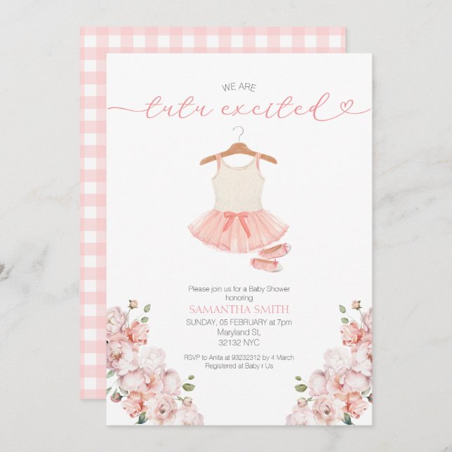 Ballet rose Tutu Invitation Baby shower excitée (Devant / Derrière)