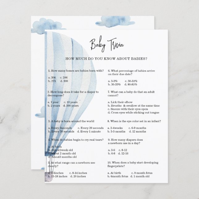Ballon à air chaud Baby Trivia | Jeu Baby shower (Devant / Derrière)