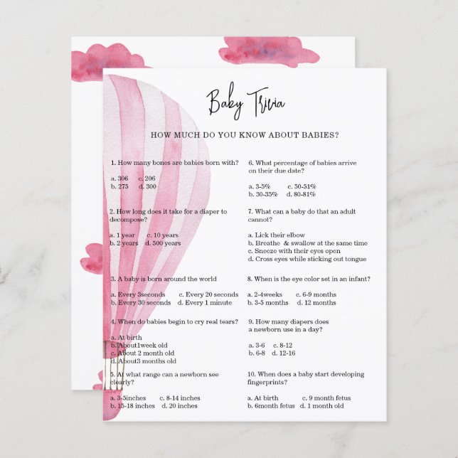 Ballon à air chaud Baby Trivia | Jeu Baby shower (Devant / Derrière)
