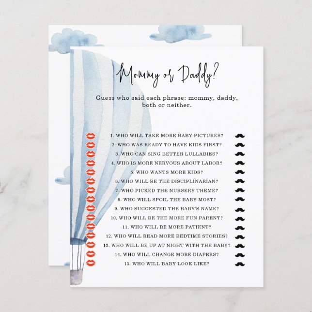 Ballon à air chaud - jeu de baby shower maman ou p (Devant / Derrière)