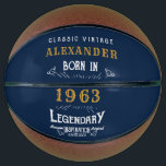 Ballon De Basket 60th Birthday Born 1963 Ajouter Nom Legend Blue Go<br><div class="desc">Conception vintage "Original Quality Legendary Inspiration" basket-ball. Ajoutez le nom et l'année souhaités dans les champs modèles pour créer un élément unique de célébration d'anniversaire. Faites équipe avec les cadeaux,  accessoires de fête et vêtements correspondants disponibles dans notre magasin www.zazzle.com/store/thecelebrationstore</div>