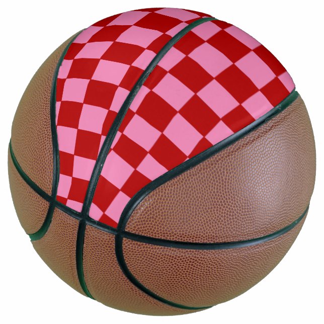 Ballon De Basket à damiers rouge et rose chaud (Incliné)