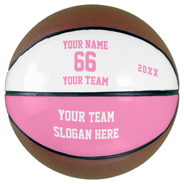 Ballon De Basket Basket-ball blanc et rose avec nom, numéro, équipe (Devant)