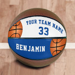 Ballon De Basket Basket-ball personnalisé avec le nom du joueur Num<br><div class="desc">Basket-ball personnalisé avec le nom du joueur Numéro d'équipe. Personnalisez-le avec le nom de l'équipe, le numéro et le nom du joueur. Le design a deux images de balles de basket à gauche et le côté droit sur arrière - plan bleu et blanc. Un grand souvenir et un cadeau pour...</div>