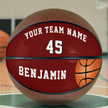 Ballon De Basket Basket-ball rouge personnalisé avec numéro de nom<br><div class="desc">Basket-ball rouge personnalisé avec le numéro de nom d'équipe. Ce basket-ball personnalisé et personnalisé est un cadeau parfait pour les joueurs de basket-ball, les coéquipiers, les entraîneurs, vos amis et votre famille. Personnalisez-le avec votre nom d'équipe, votre numéro et votre nom. La conception a une image de basket-ball sur un...</div>