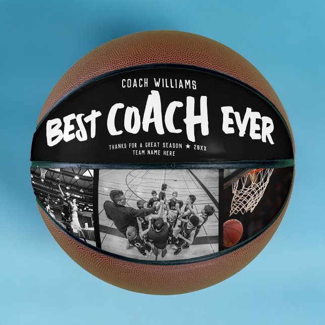 Ballon De Basket BEST COACH moderne JAMAIS Cool Street Style Photo (A basketball featuring bold text saying "Best Coach Ever" on a black band, with 3 basketbaLL photos)