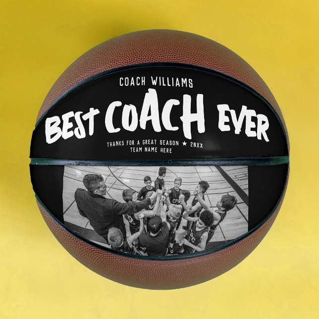 Ballon De Basket BEST COACH moderne JAMAIS Cool Street Style Photo (A basketball featuring bold text saying "Best Coach Ever" on a black band, with 1 photo on the other)