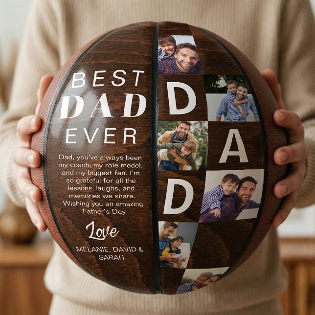 Ballon De Basket Best Dad Ever Photo Collage Woodgrain Personalize  (Best Dad Ever Photo Collage Woodgrain Personalize Basketball)
