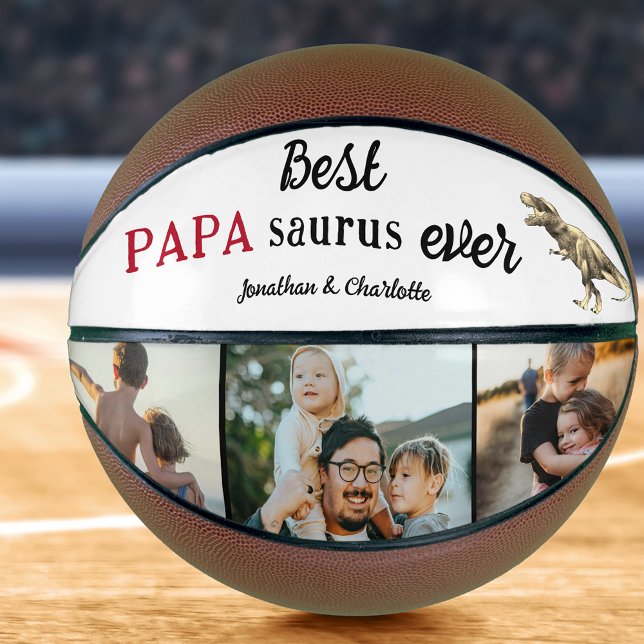 Ballon De Basket Best Papa Saurus Ever Photo Collage (Best papa saurus ever 3 photo collage kids names personalized basketball keepsake for dad)
