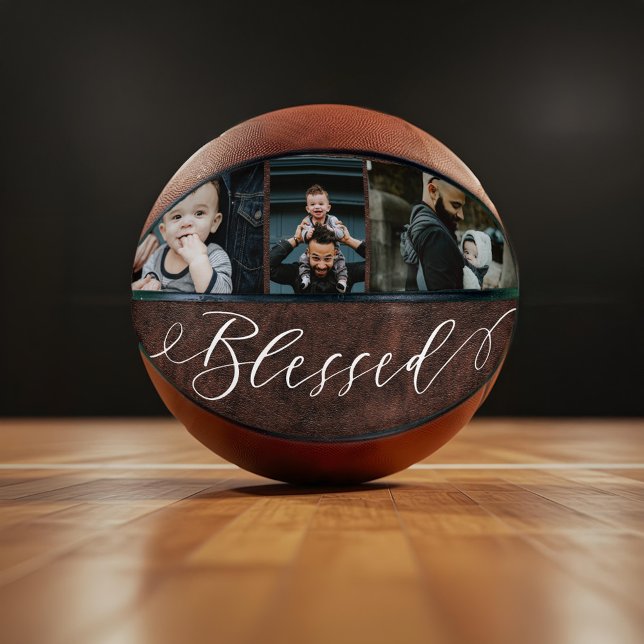 Ballon De Basket Blessé Script Fête des pères en cuir Collage photo (Blessed Script Leather Fathers Day Photo Collage Basketball)