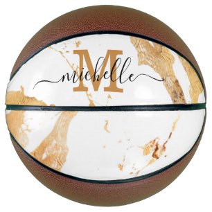 Ballon De Basket Élégant Marbre blanc Monogramme de luxe Gold Foil