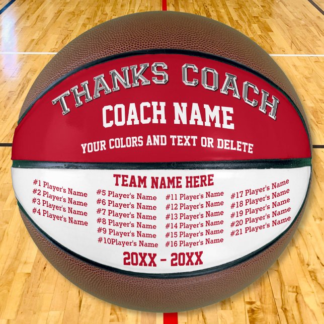 Ballon De Basket Entraîneur rouge et blanc Boule de basket-ball per (Personalised, Coach Basketball with All Players Names. Personalized Coach Gift Ideas. Red and White.)