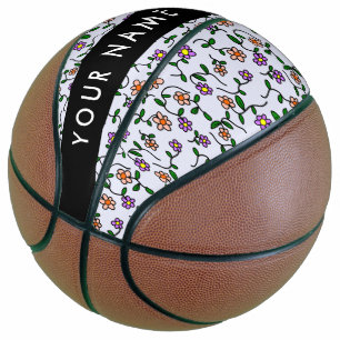 Ballon De Basket Fleurs Colorées, Fond Bleu, Noir