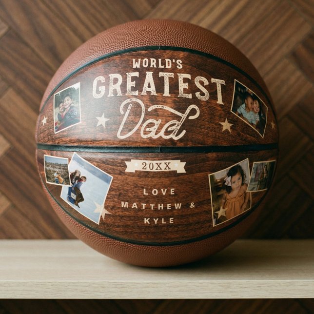 Ballon De Basket Huit photos du plus grand papa Woodgrain du monde (World's Greatest Dad Woodgrain Photo Collage Sport Basketball)