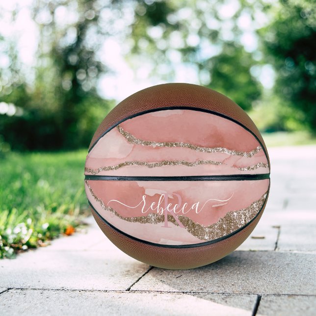 Ballon De Basket Marbre Or Rose Monogramme Calligraphie Script Nom  (Créateur téléchargé)