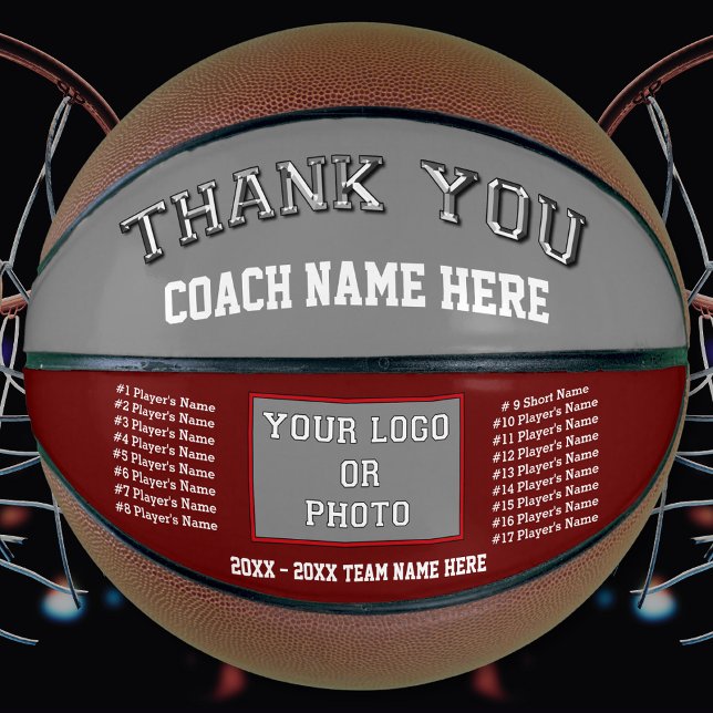 Ballon De Basket Maroon, Grey, Basketball Coach Appréciation Cadeau (Custom printed basketball. Maroon basketball. Photo, Personalized basketball ball. Coach Basketball.)