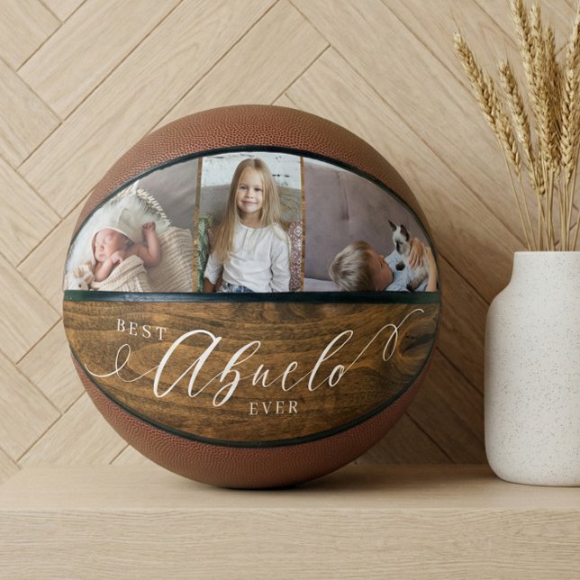 Ballon De Basket Meilleur Abuelo Jour Script Woodgrain Photo Collag (Best Abuelo Ever Script Woodgrain Photo Collage Basketball)