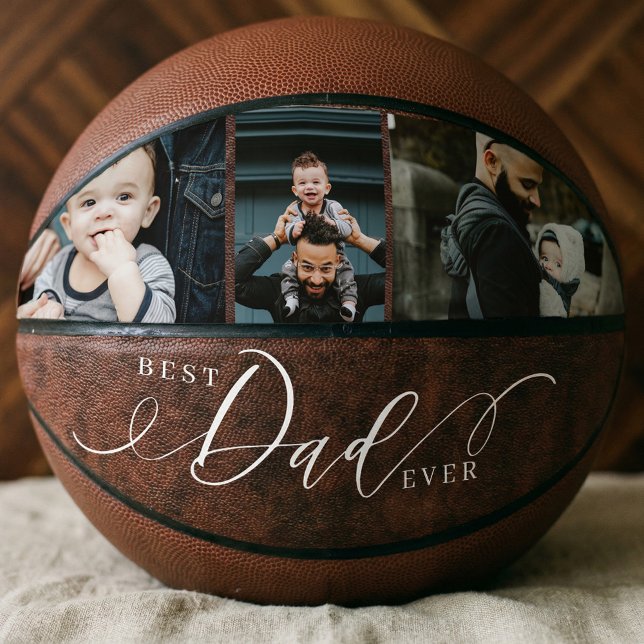 Ballon De Basket Meilleur papa Jamais Fête des pères en cuir Collag (Best Dad Ever Leather Fathers Day Photo Collage Basketball)