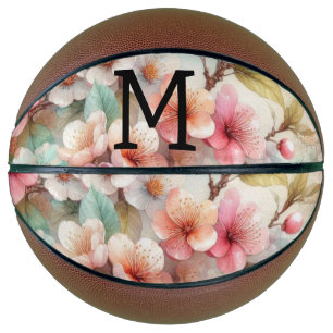 Ballon De Basket Monogramme aquarelle florale roses cerisiers en fl