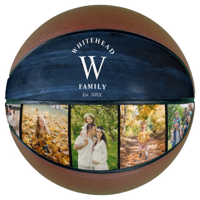Ballon De Basket Monogramme Marine Blue Wood 5 Photo Collage Basket (Devant)