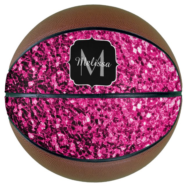 Ballon De Basket Monogramme nom scintillement strass faux rose chau (Devant)