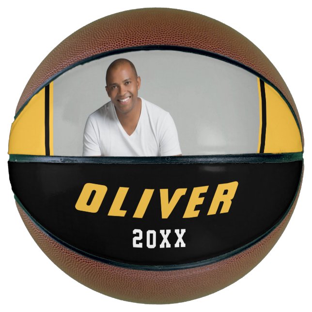 Ballon De Basket Noir jaune moderne Nom personnalisé Texte Photo (Devant)